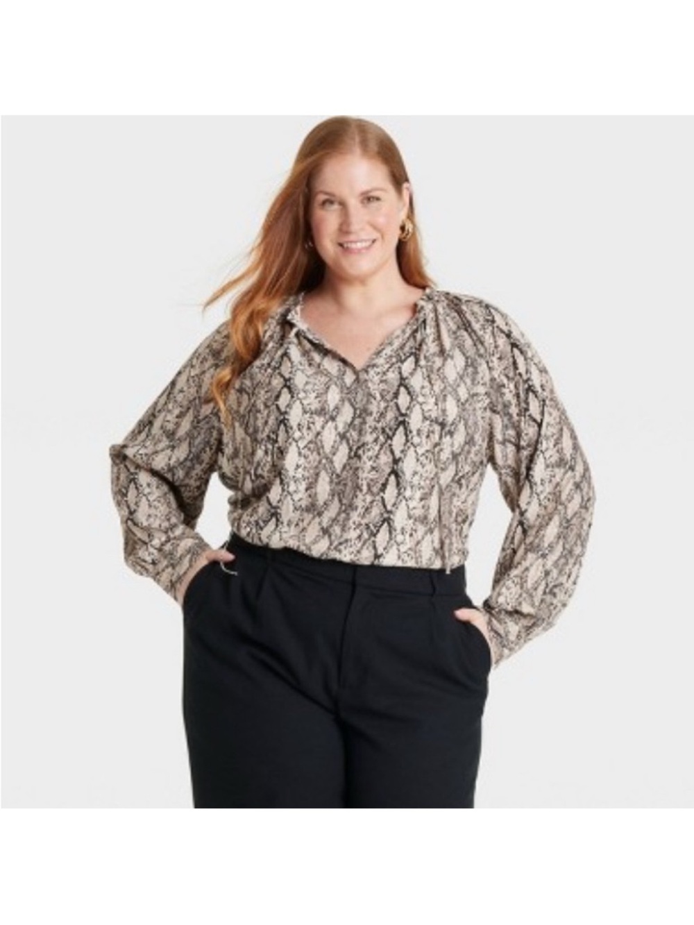 Ava & Viv Snake Print V-Neck Blouse in Beige and Black